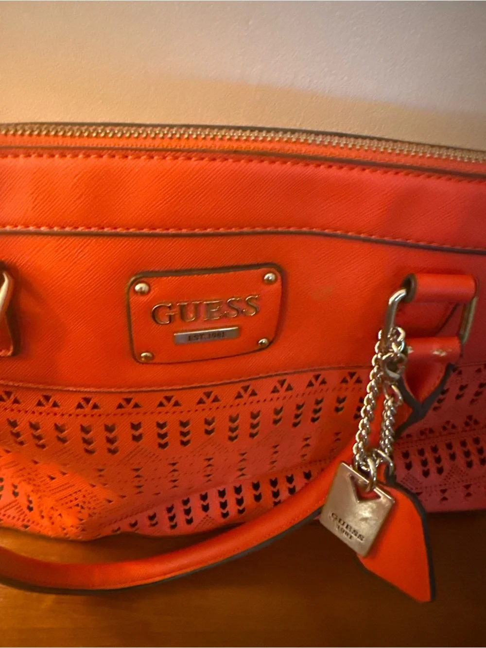 GUESS Coral-Red Laser Cut Tote